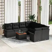 9 Piece Garden Sofa Set with Cushions Black Poly Rattan Acacia