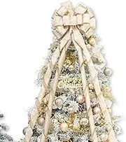 Christmas Tree Topper Bow，53x14 Inches Large Christmas Bow with Glitter Streamer and Patterned Ribbon，Decorative Bows for Xmas Tree Wreath Door Festival Home Decor(Gold Snowflake)