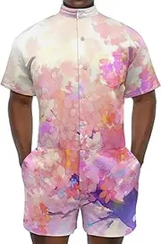 [Sipumia] Men Romper Floral Graphic Flower Leaf Printed Button Down Jumpsuit Short Sleeve 1-Piece Casual Overalls Bro Outfits
