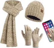 [Loboo Idea] 3 Pcs Winter Hat Scarf Gloves Set, Winter Knit Warm Hat Beanie Touch Screen Gloves Set,