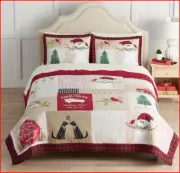 3 Pieces -Nicholas SNOWMAN Patchwork Reversible QUILT + SHAMS - Birds Dogs Trees