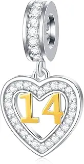 [EMOSTAR] 10 13 15 16 17 18 19 20 21 22 25 28 30 35 40 45 50 55 60 65 70 Birthday Charms fit European Bracelet Necklace, Dangle 18K Golden Number Heart Pendant with CZ, for Women/Men