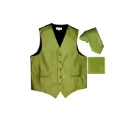 New Men's Tuxedo Vest Vertical Stripes Necktie Hankie set party Spinach Green