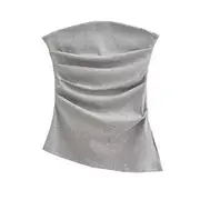 Plain Ruched Slit Tube Top Light Gray - S