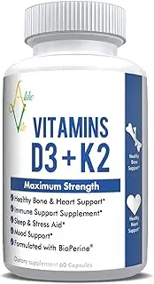 AlcheVita Vitamins D3 (5000 IU) + K2 (mk7) + Calcium (210mg)- Maximum Strength Complex (3-in-1 Formula) - 60 Capsules | Supports Healthy Bones, Heart and Immune System - Sleep and Stress Aid