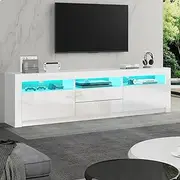 ALFORDSON LED TV Cabinet Stand with Storage Cabinet and Open Shelves, Minimalist Design Wooden Television Entertainment Unit, RGB Minimalist Design Multimedia Centres,180x35x60cm, White Color