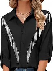 [HongYunAu] Women's Street Trend Shirt Fashion Shiny Rhinestone Tassel Design Shirt Singlebreasted Lapel Shirts