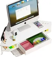 2 Tiers Triangle Monitor Stand, Portable Computer Monitor Stand, Office Desktop Storage Shelf, Corner Monitor Riser with Drawer, Organizer Shelf for Study Room/Office (White, 51*24*11.8 CM)