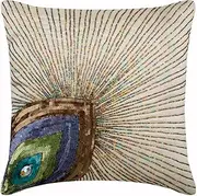 The HomeCentric Ivory Accent Cushions, Art Deco Floral Cushion Covers, 30x30 cm (12x12 inch) Decorative Silk Pillowcase, Square Cushion Case for Bed or Sofa, Peacock Feather Throw - Peacock Beauty