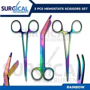 3 Pcs Multi Rainbow Color Hemostats Forceps & bandage Scissors Set 5.5" German G