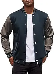 [COOFANDY] Mens Fashion Varsity Jackets Leather Sleeve Slim Fit College Baseball Letterman Bomber Coat