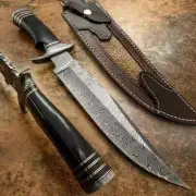 Custom handmade Damascus bowie knife with black buffalo horn handle