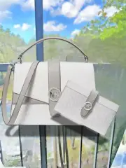 Michael Kors Greenwich Women MD Satchel Bag & Bifold CZ Wallet Set (Optic White)