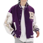 Nevenka Unisex Varsity Jacket Stitched Leather Oversized Coat with Patch-Purple
