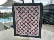 Handmade patchwork quilt. Jagged X’s (black white and red) #229