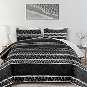WONGS BEDDING Black Quilt Set Twin, Boho Striped Triangle Pattern Printed Bedspread Coverlet, 3 Pieces (1 Quilt + 1 Pillowcase), Soft Microfiber Day Bed Coverlet for Summer 68"x86"