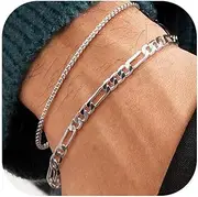 [Moodear] Silver Figaro & Snake Box Bracelets, 2mm/3mm/5mm Cuban Chain, 6.5/7/7.5/8/8.5/9 Inch, Unisex Jewelry, Men's Gift, Zinc, Lobster Claw Clasp, Men's Bracelet
