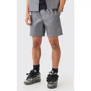 Mens Charcoal Elastic Waist Relaxed Flame Embossed Pu Short