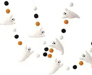Glaciart One Felt Balls + Ghosts Garland - Easy to Hang Halloween Party Banner Decoration - 100% New Zealand Wool, Hand-Felted in Nepal - 5' Long, 15 White Orange & Black Pom Poms, 4 Ghost Ornaments