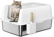 Zarler Stainless Steel Litter Box with Lid, Extra Large Cat Litter Box, XL Large Metal Litter Box for Big Cats with High Sided, White (Non-Sticky, Easy to Clean, Anti-Urine Leakage)