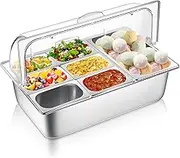 Ziliny Ice Food Serving Display Container 7 Pans Cooled Condiment Dispenser and Clear Roll Top Cover Stainless Steel Buffet Serving Tray Salad Bar Cooler Spice Food Display Rack for Buffet