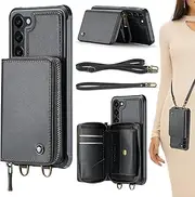 [ELEPIK] for Galaxy S23 Plus Case, S23 Plus Wallet Case with Card Holder, Detachable & Adjustable Crossbody Strap, Durable PU Leather Wallet Phone Case for Samsung Galaxy S23 Plus, Fashion Black