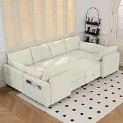 [Real Relax] 105'' Convertible Sectional Sofa Couch, Sleeper Sofa Linen Fabric Modular Sofa with Removable Pillows and Movable Ottoman, Beige