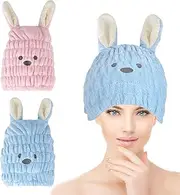 2-Piece Microfiber Dry Hair Cap with Cute Rabbit Ears - Quick Drying Bath Cap for Women & Girls