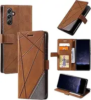 Design Piece of Leather-Like Wallet Phone Case for Samsung Galaxy A34 with Card Slots, Cash Pocket, Kickstand and Magnetic Lock (Brown)
