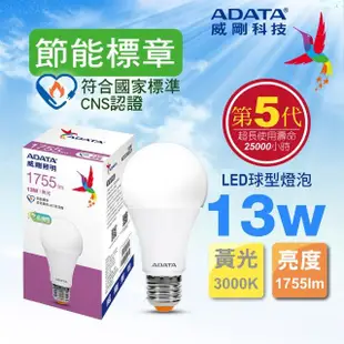 【ADATA 威剛】13W 節能標章 LED燈泡 超高光效 CNS認證(第五代)