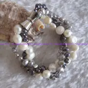 Natural 3 Rows 4-5mm&8-9mm White Black Gray Baroque Pearl Bracelet 7.5 in
