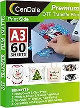 CenDale DTF Transfer Film - A3 (11.7" x 16.5") 60 Sheets Double-Sided Matte Clear PreTreat Sheets- PET Film Sheets DTF for DIY Direct Print on T-Shirts Textile