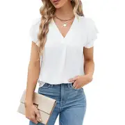 Nevenka Womens Ruffle Short Sleeve Chiffon Blouses V Neck Solid Color Casual Top-White