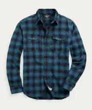 New RRL Ralph Lauren Brushed Plaid Twill Indigo Shirt Workshirt Men's S Small