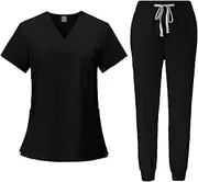 [BTLYUIOAPE] Scrubs for Women Set Stretch V-Neck Scrub Tops with Pockets & Cargo Pant Quick Drying Solid Nurse Uniform