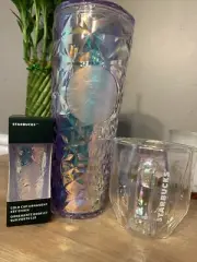 Starbucks 2023 Holiday Poinsettia Prism Sparkle Collection Cold Cup Ornament Set