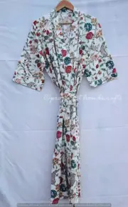 Indian Full Length 3/4 Sleeves White Floral Robe 100% Cotton women Kimono Dress