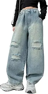 [Generic] Softball Pants for Girls Youth and Autumn New Models for Middle and Large Children Retro Wide Leg Straight Trousers Trendy Loose Casual Denim 6X Toddler Girl Pants