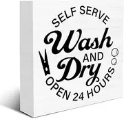 Laundry Sign - Laundry Room Signs Self Serve Wash and Dry Open 24 Hours Wood Block Sign Farmhouse Decoration for Home Laundry Room Shelf Desk Table