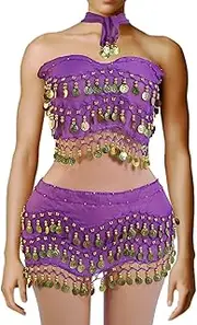 [Baisdan] Belly Dance Skirt and Top Set, Belly Dance Scarf with Coins, Hip Scarf Belly Dancing Belt, Coin Skirts, 2 Pack