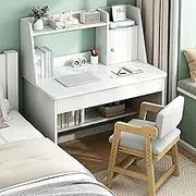 Modern Study Desk for Small Spaces,Simple Computer Desk with Drawers & Storage Shelf,Bookshelf Writing Table for School Home Office Apartment,A