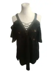 Venus Womens Cold Shoulder Tank Top Sequins Lace Tulip Overlay Black Sz M V Neck