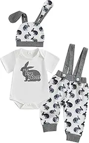 [HYADRBLEBY] Baby Boy Easter Outfits Bunny Print Short Sleeve Round Neck Romper with Suspender Pants and Hat 3 Pcs Set