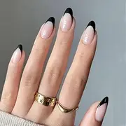 Modelones Black French Tip Press on Nails Almond, Short Almond Fake Nails, Reusable Nail Kit with Nail Glue Adhesive Tabs Mini Nail File, Nails Press Ons 32Pcs 16 Sizes