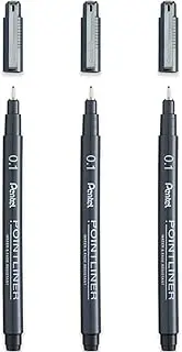 Pentel S20P Pointliner Pigment Liner Technical Drawing Fineliner Pen - 0.1mm - Black Ink - Pack of 3