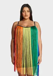 [Club Exx] Plus Technicolor Trip Fringe Mini Dress