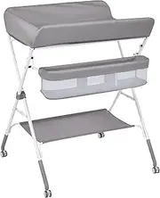 Ausadom Baby Changing Table, 4-in-1 Infant Diaper Station with 4 Adjustable Height & Large Storage Basket, Foldable Nursery Organizer with 4 Lockable Wheels & Safety Belt for Toddler Newborn, Grey