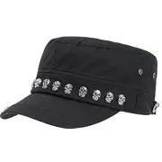 Pogah Unisex Skull/Skeleton Studded Punk-Army-Cap Cool Flat Cap One Size Black2