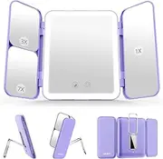 Sejoy Travel Makeup Vanity Mirror, 64 LED Lighted Makeup Mirror with 1X 3X 7X Magnification, Tri-Fold Portable Magnifying Mirror with Touch Sensor 3 Color Modes Dimmable Light, Rechargeable, Purple