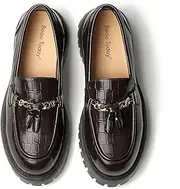 [Beau Today] Chunky Loafers for Women,Womens Platform Loafer Shoes,Chunky Heel Lug Sole Slip-on Metal Chain Shoes,Comfort Round Toe Business Work Office Shoes, Coffee-b, 10